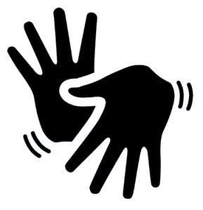 #PraCegoVer  Em cor preta, duas mãos com os dedos esticados, ícone da Língua Brasileira de Sinais (LIBRAS).