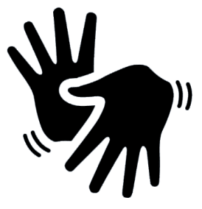 #PraCegoVer Em cor preta, duas mãos com os dedos esticados, ícone da Língua Brasileira de Sinais (LIBRAS).