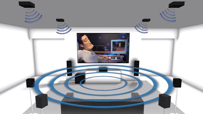 #pracegover: Ilustração digital de uma sala. No ambiente, há caixas de som com representação de ondas sonora. Ao fundo da sala, há um telão transmitindo um desenho.