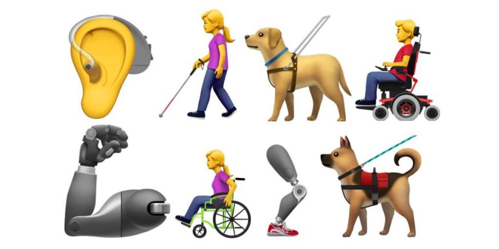 #PraCegoVer: Fundo branco. Oito emojis  estão dispostos em duas linhas, sendo quatro em cada uma. Na primeira linha: Um ouvido com aparelho auditivo, uma mulher com bengala para cego, um cão-guia e um homem em uma cadeira de rodas. Na segunda linha: um braço mecânico, uma mulher em uma cadeira de rodas, uma perna mecânica e, por último, outro cão-guia. 