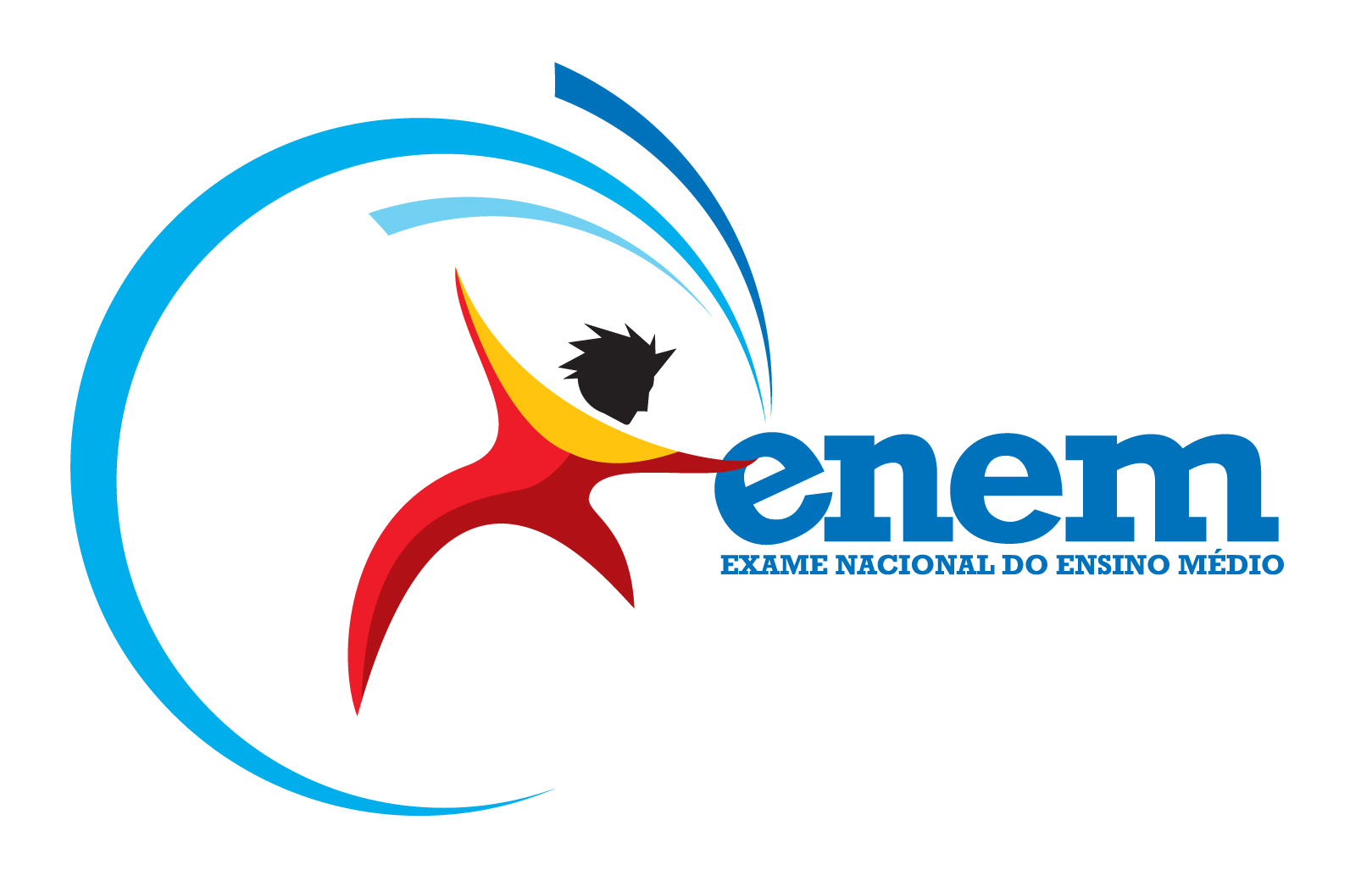 #PraCegoVer Audiodescrição Resumida: Logo do Enem. Da esquerda para a direita, Ilustração de um círculo incompleto na cor azul. Dentro dele, um homem com o corpo nas cores vermelha e amarela abre os braços em movimento. Sua cabeça é uma silhueta e seu cabelo está arrepiado. Ele olha para a direita e um de seus braços toca a palavra “ENEM”. Abaixo, em, letras menores, está escrito: “Exame Nacional do Ensino Médio”.