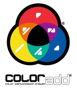 #PraCegoVer Audiodescrição resumida: Três círculos entrelaçados formando um triângulo. Eles possuem as cores amarela, laranja, vermelho, roxo, azul e verde, sendo que dentro de cada cor há um código para daltónicos. No centro do desenho, há a cor preta. Abaixo o texto: Coloradd, Color Identification System.